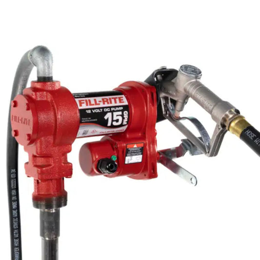 Fill-Rite FR1210H heavy-duty cast-iron 12V DC fuel transfer pump delivering 15 GPM, shown with 12' discharge hose and manual nozzle for diesel, gasoline, and kerosene