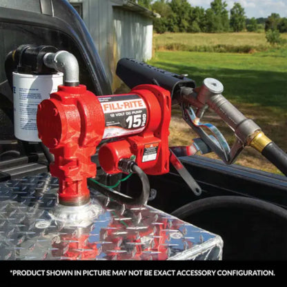 Fill-Rite FR1210H 12V DC 15 GPM fuel transfer pump mounted on mobile transfer tank in truck bed, ready for fueling equipment in field conditions