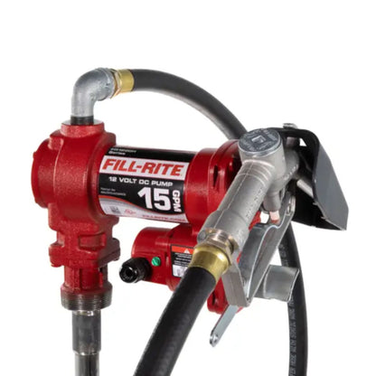 Close-up side view of Fill-Rite FR1210H 12 volt DC 15 GPM pump bundle, featuring manual nozzle, static wire hose, and durable red cast-iron construction