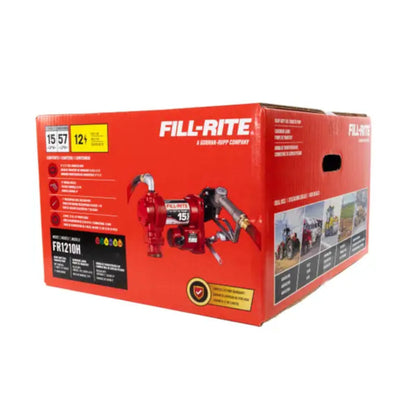Original red retail box for Fill-Rite FR1210H 12V DC 15 GPM fuel transfer pump kit, showing model details and included accessories