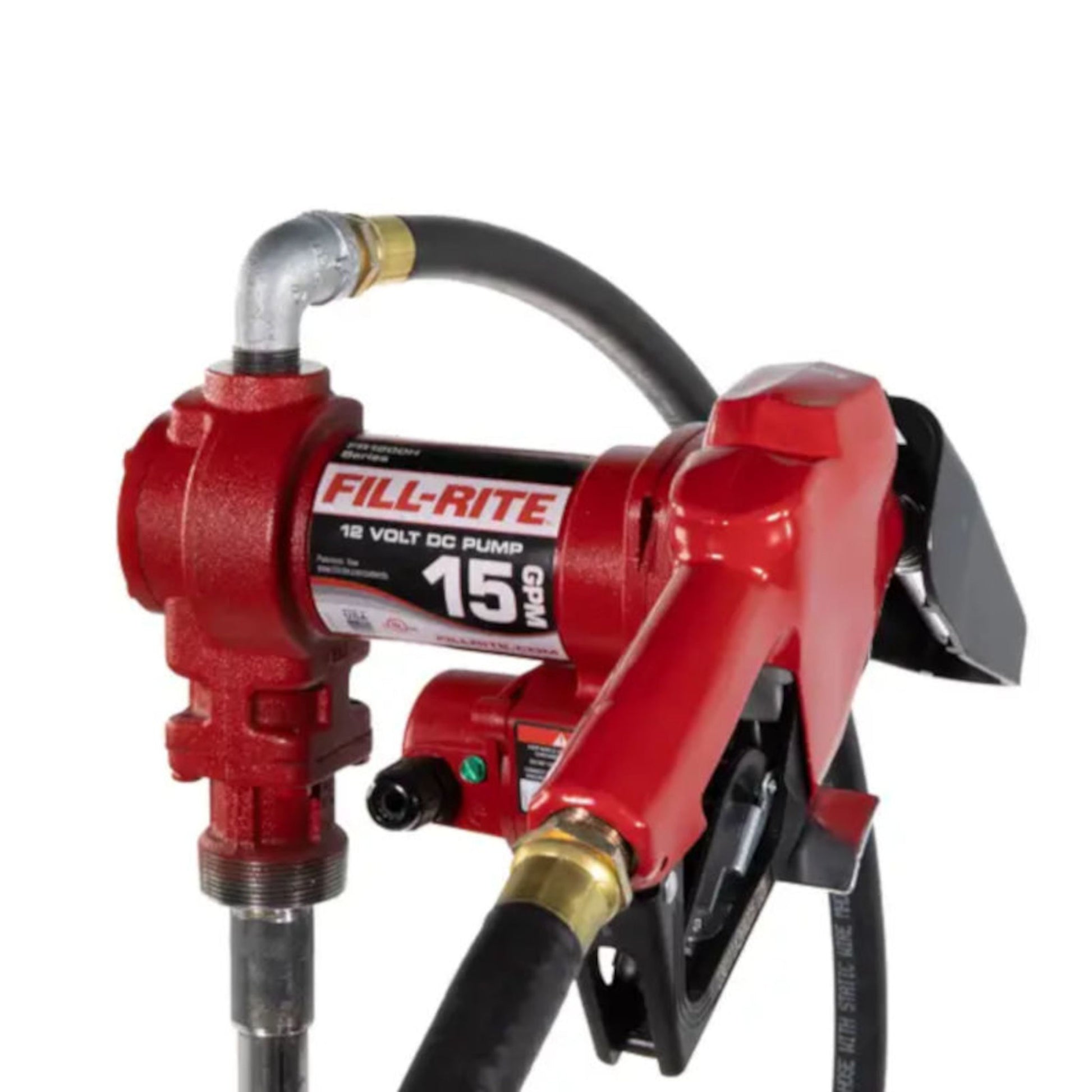 Fill-Rite FR1210HA 12V DC 15 GPM rotary vane fuel transfer pump assembled with black hose and automatic gasoline nozzle for diesel, E15, and B20 biodiesel.