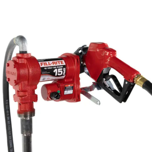 Fill-Rite FR1210HA 12V DC 15 GPM rotary vane fuel transfer pump assembled with black hose and automatic gasoline nozzle for diesel, E15, and B20 biodiesel.
