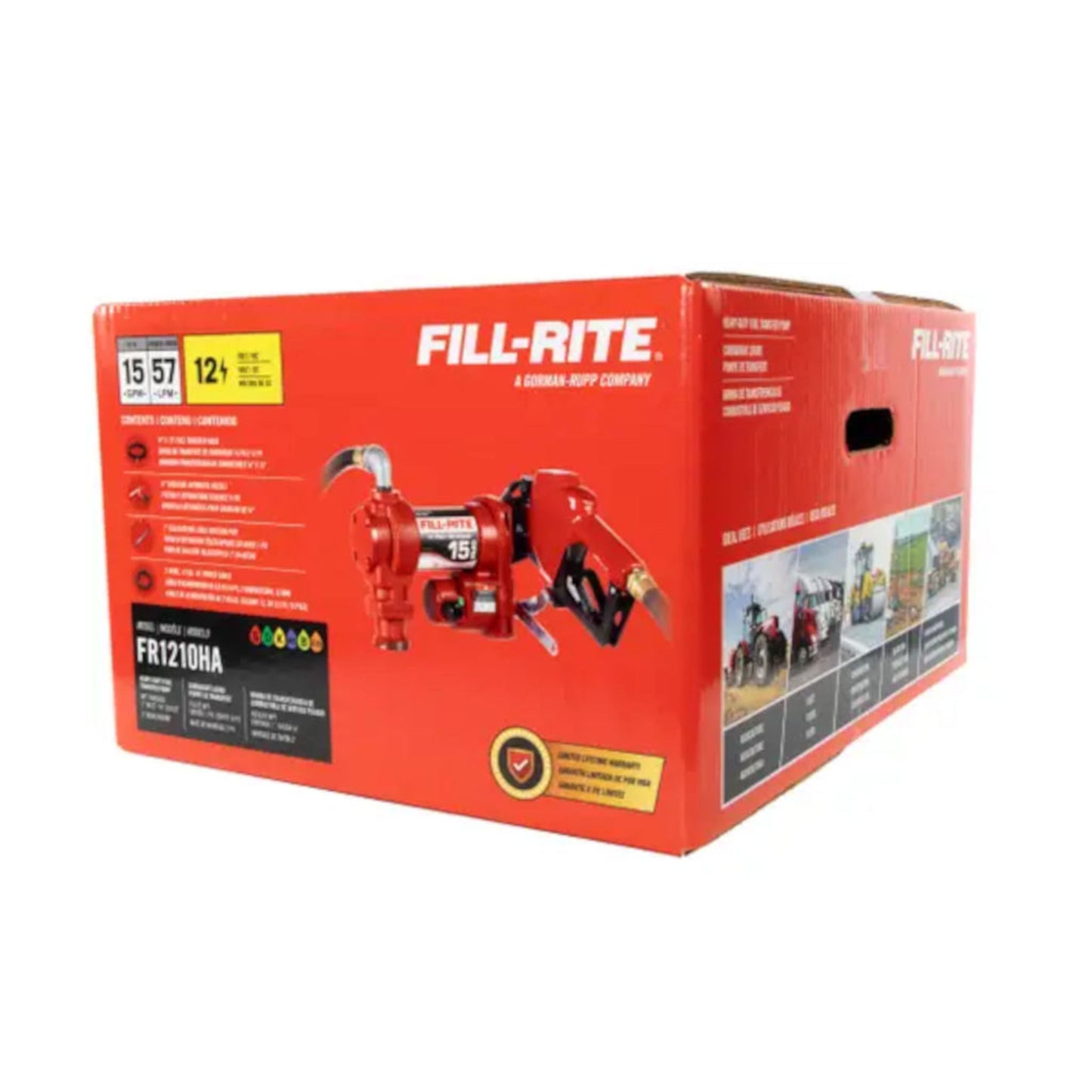 Fill-Rite FR1210HA 12V DC 15 GPM fuel transfer pump packaging box: includes gasoline nozzle, hose, suction pipe, and kit for rugged on/off-road applications.