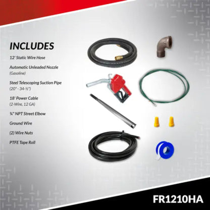 Fill-Rite FR1210HA fuel pump kit components: 12V red pump, automatic gasoline nozzle, 12' black hose, telescoping suction pipe, power cable, clamps, and PTFE tape for full setup.