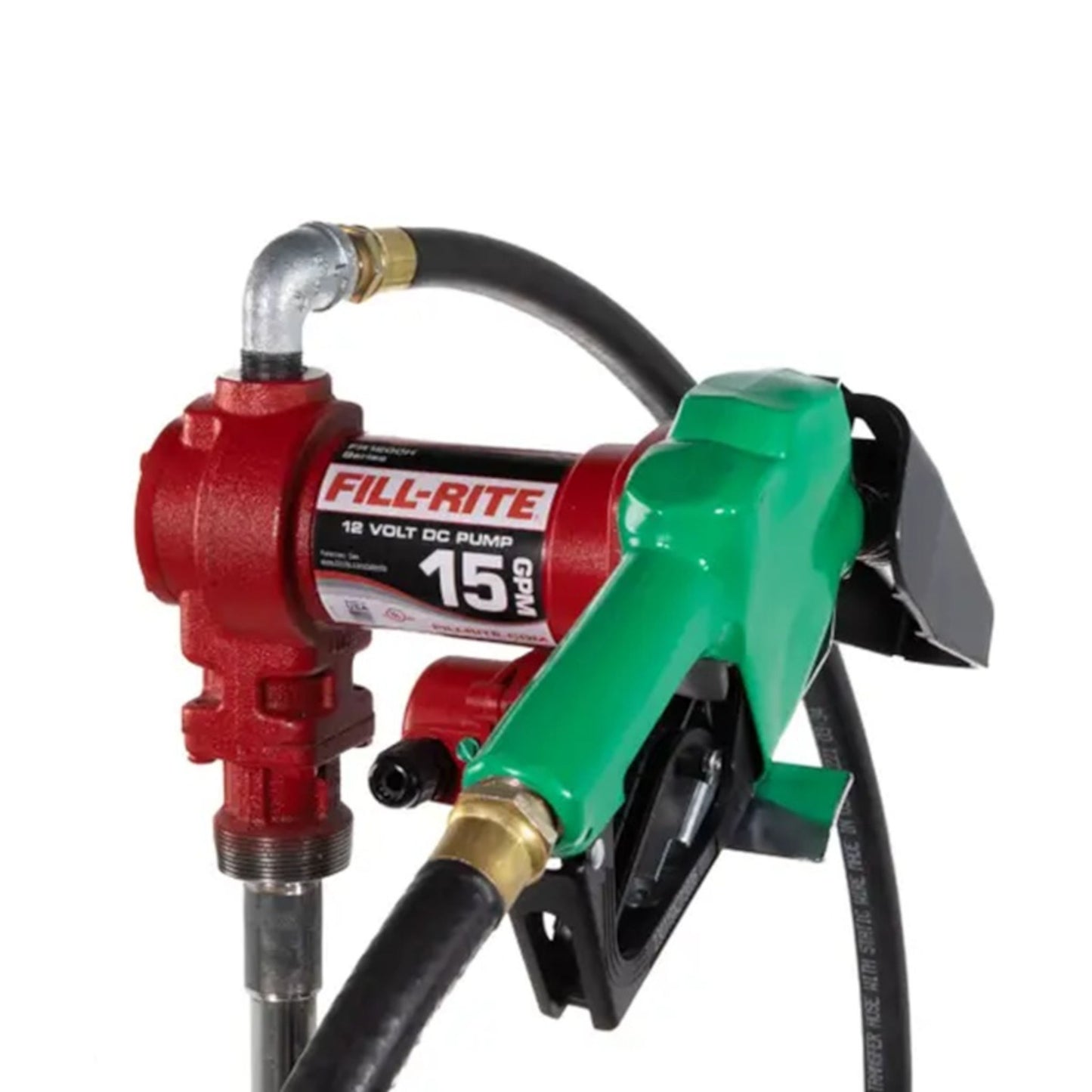 Fill-Rite FR1210HA1 12V DC 15 GPM rotary vane fuel transfer pump assembled with black hose and automatic diesel nozzle for gasoline, diesel, and biodiesel up to B20.