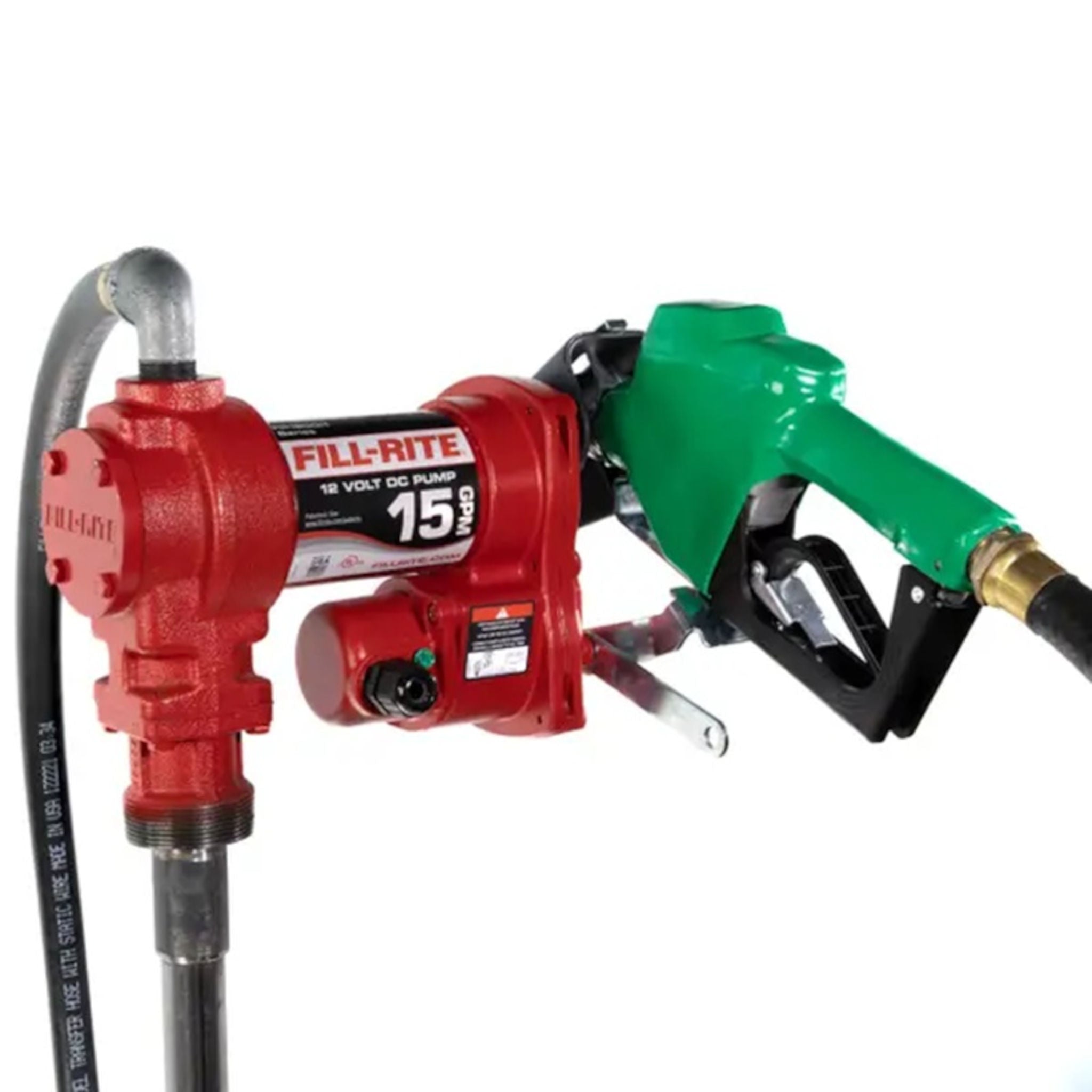 Fill-Rite FR1210HA1 12V DC 15 GPM rotary vane fuel transfer pump assembled with black hose and automatic diesel nozzle for gasoline, diesel, and biodiesel up to B20.