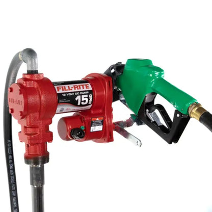 Fill-Rite FR1210HA1 12V DC 15 GPM rotary vane fuel transfer pump assembled with black hose and automatic diesel nozzle for gasoline, diesel, and biodiesel up to B20.