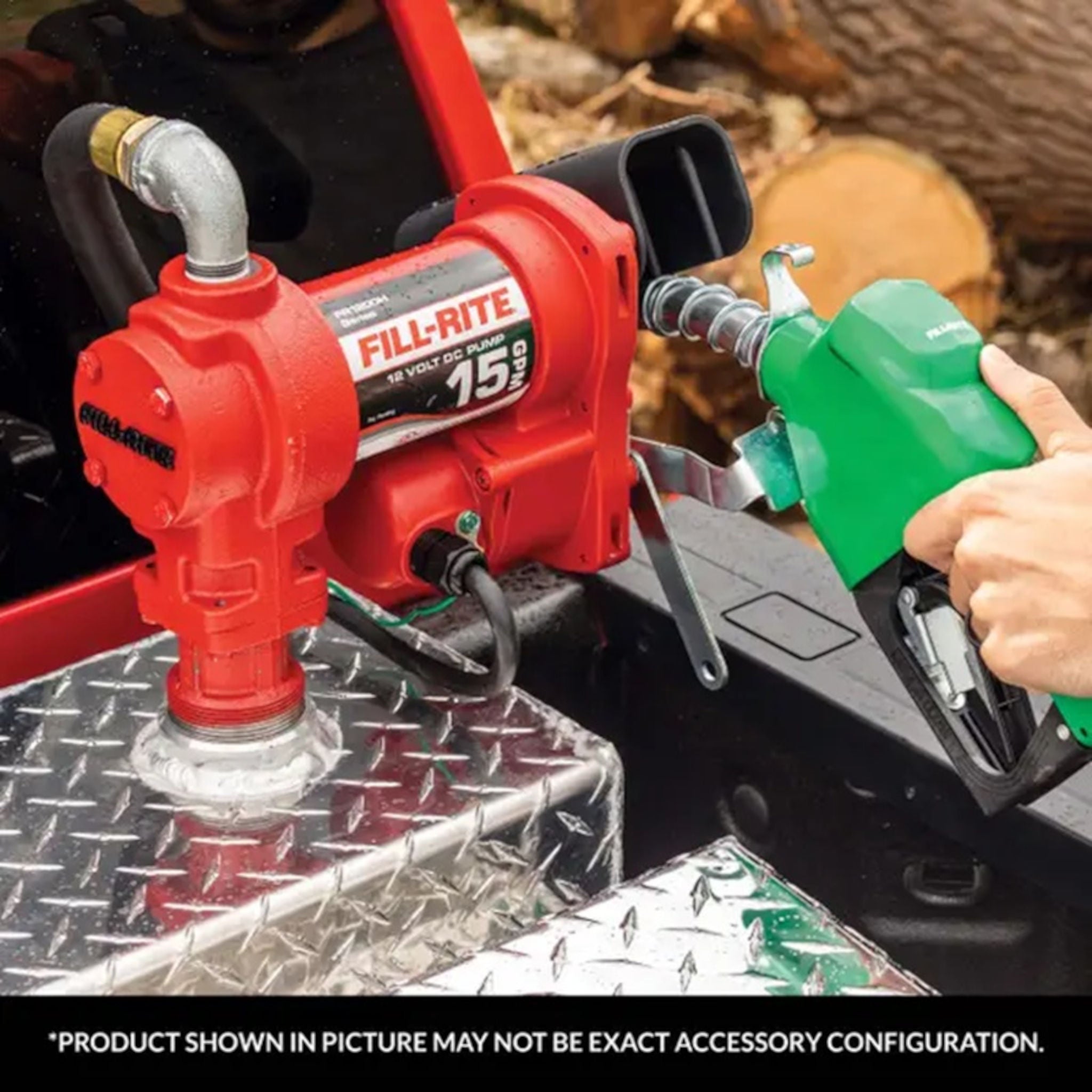 Fill-Rite FR1210HA1 12V 15 GPM fuel pump installed in truck bed tank: person using automatic diesel nozzle for convenient transfer in outdoor setting.