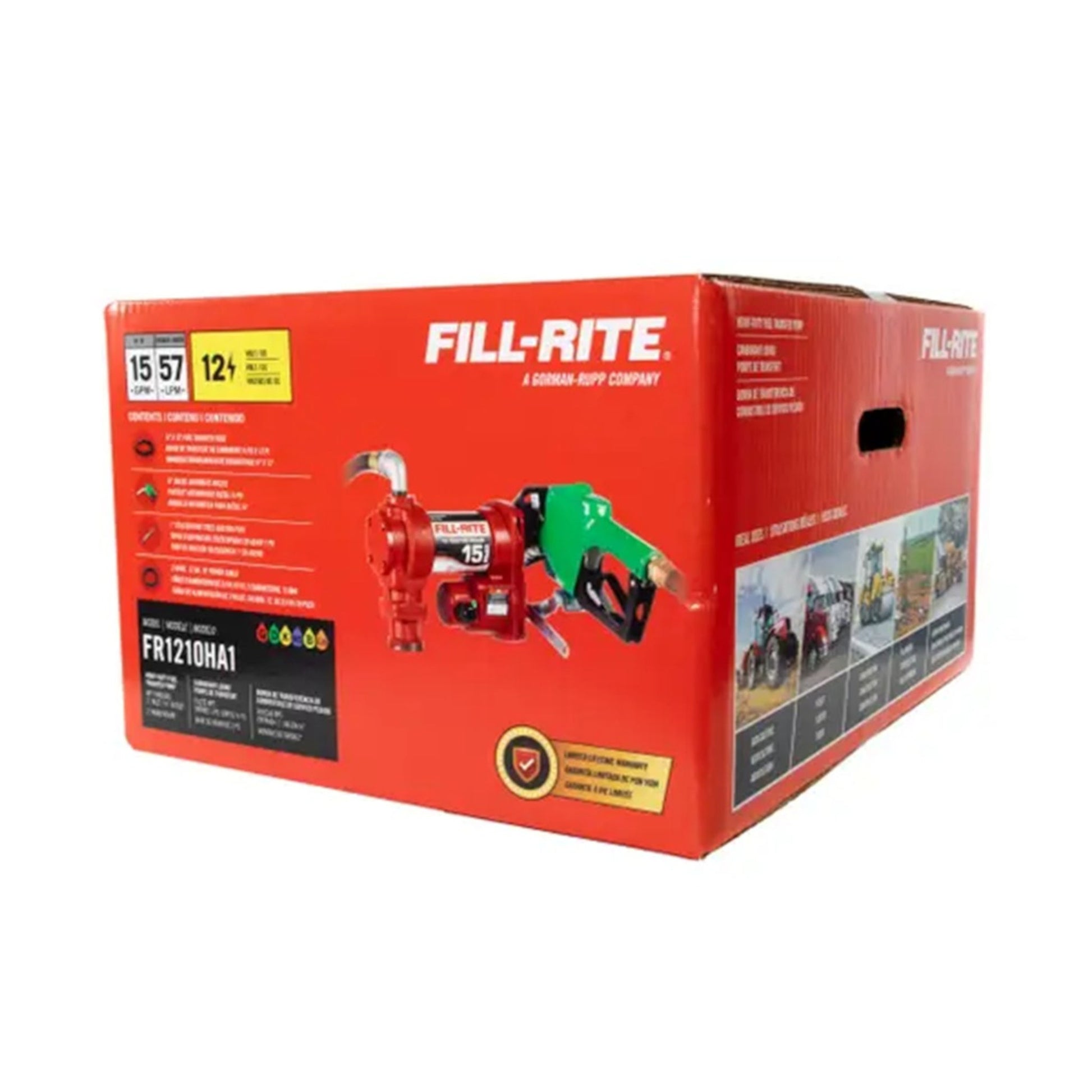 Fill-Rite FR1210HA1 12V DC 15 GPM fuel transfer pump packaging box: includes diesel nozzle, hose, suction pipe, and kit for rugged mobile tank applications.