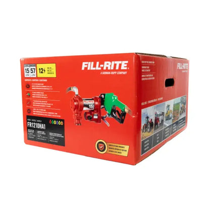 Fill-Rite FR1210HA1 12V DC 15 GPM fuel transfer pump packaging box: includes diesel nozzle, hose, suction pipe, and kit for rugged mobile tank applications.