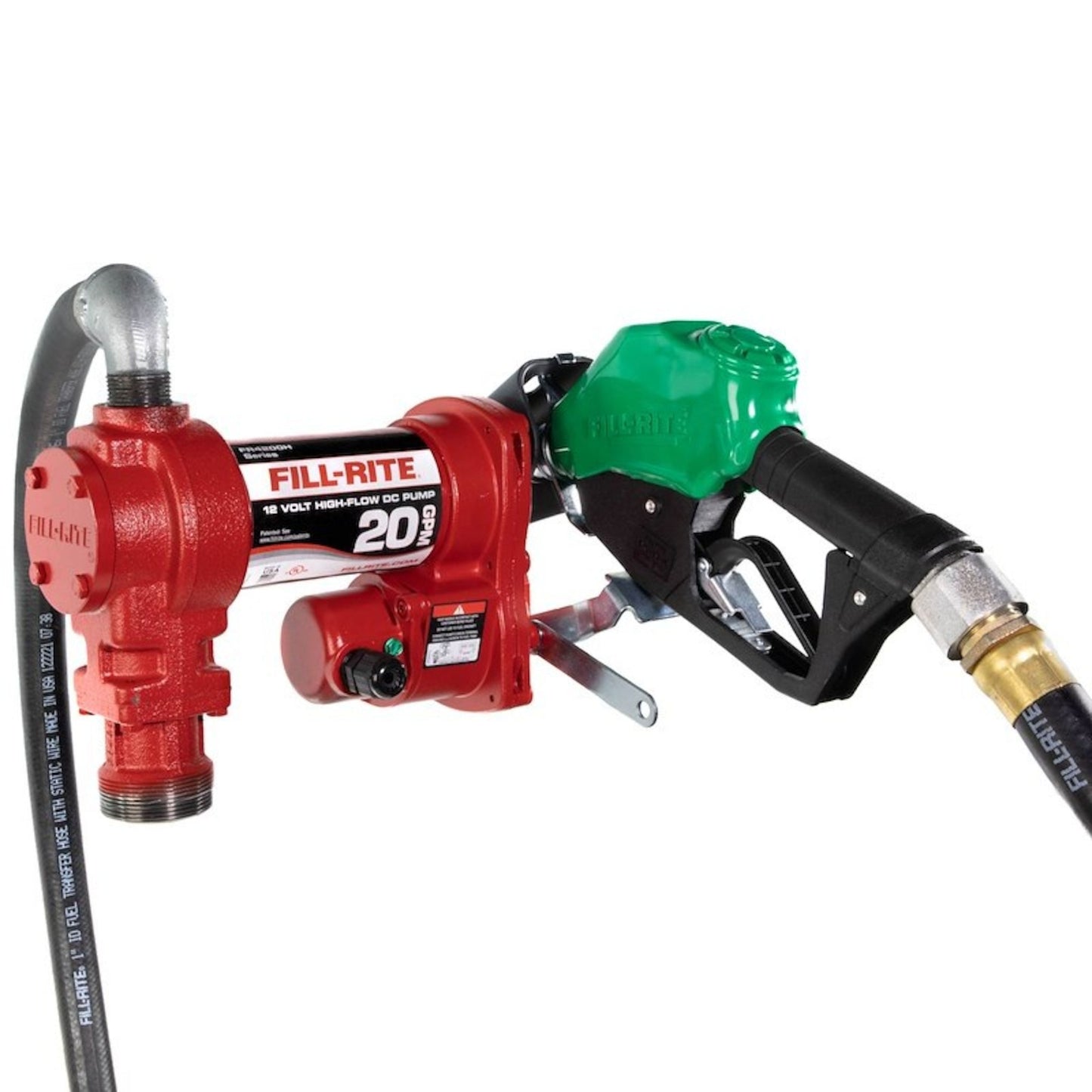 Fill-Rite FR4210HD 12 volt DC 20 GPM high-flow fuel transfer pump bundle with green automatic diesel nozzle, 1" x 12' discharge hose, and cast-iron construction