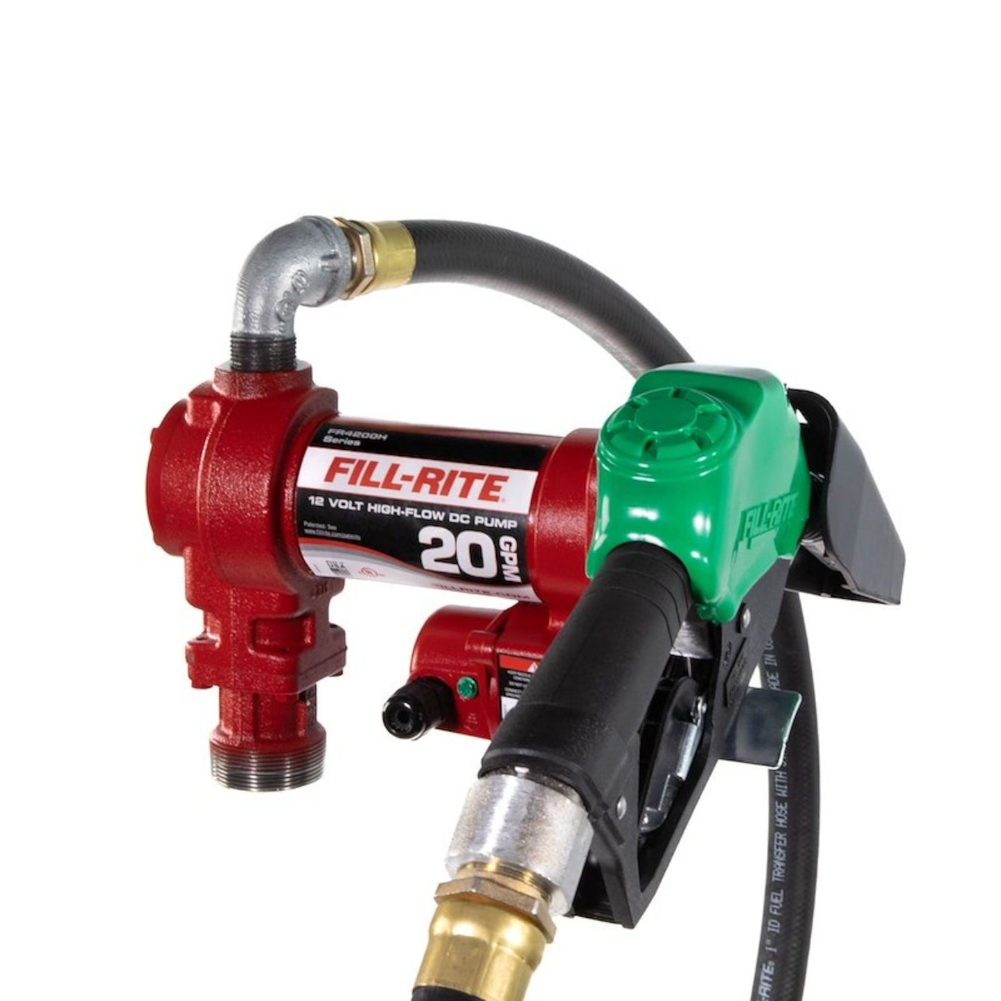 Side view of Fill-Rite FR4210HD heavy-duty 12V DC 20 GPM fuel transfer pump featuring green automatic nozzle, static wire hose, and durable red cast-iron body
