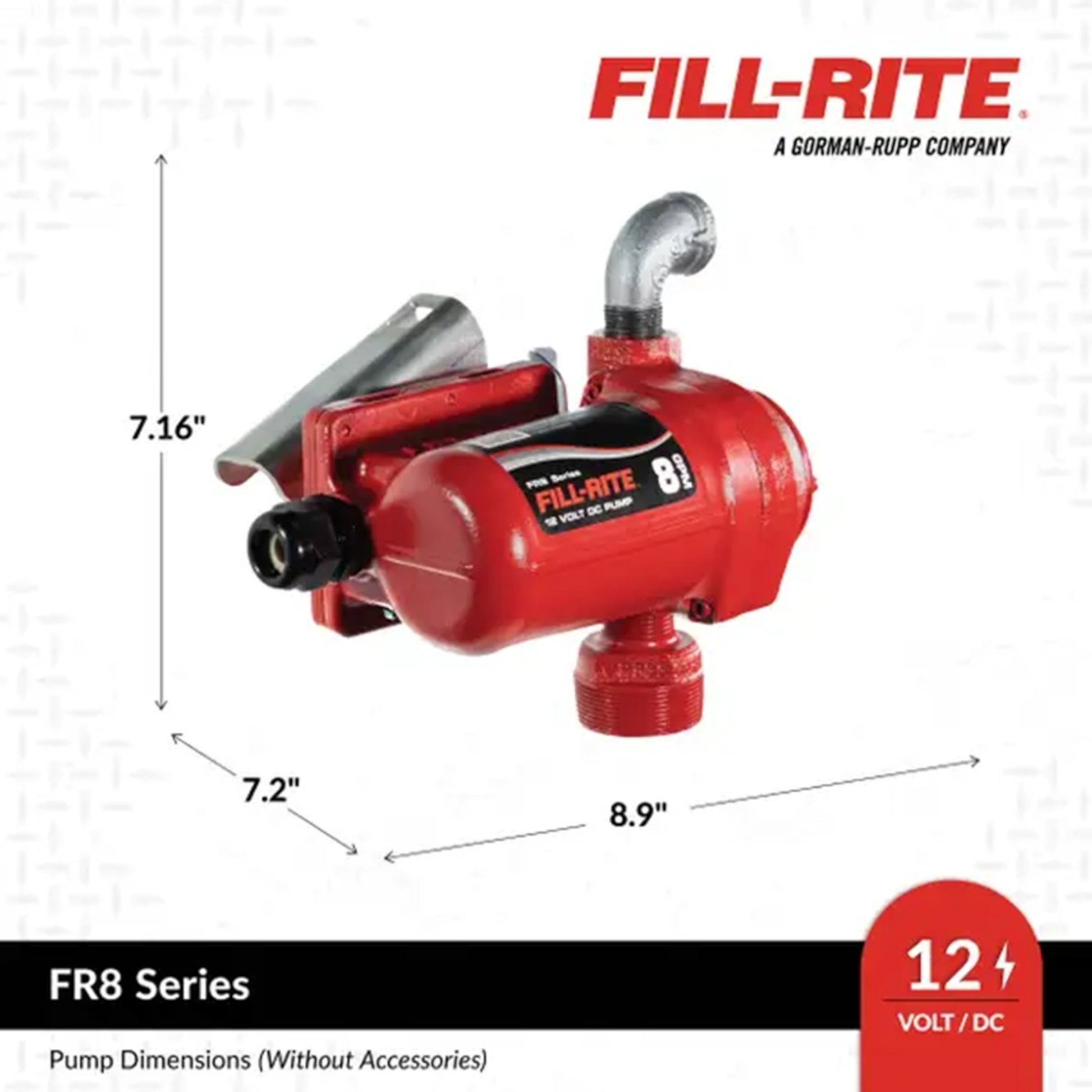 Fill-Rite FR8 12V DC fuel pump dimensions: 7.16" H x 7.2" W x 8.9" D, compact red design for easy vehicle mounting and fuel dispensing