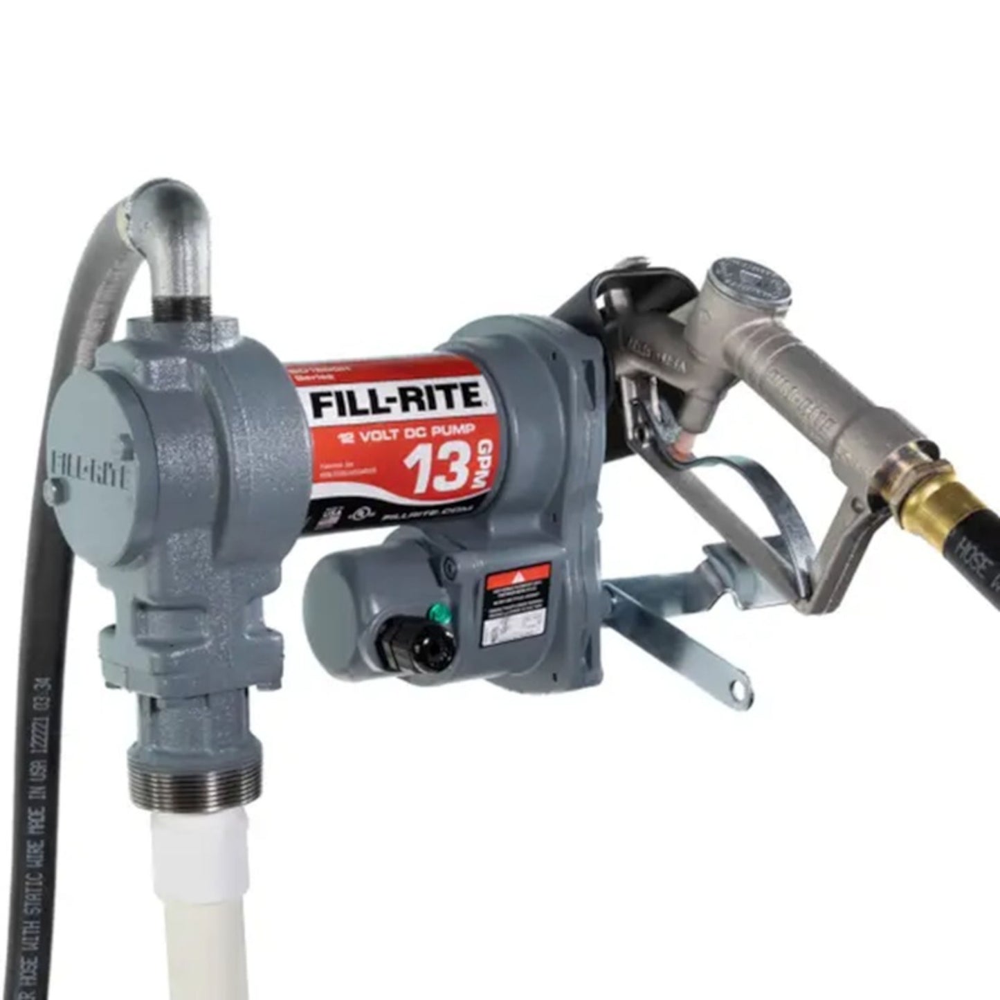 Fill-Rite SD1202H 12V DC 13 GPM fuel transfer pump assembled with hose and automatic nozzle: rotary vane design for gasoline, diesel, and biodiesel up to B20.