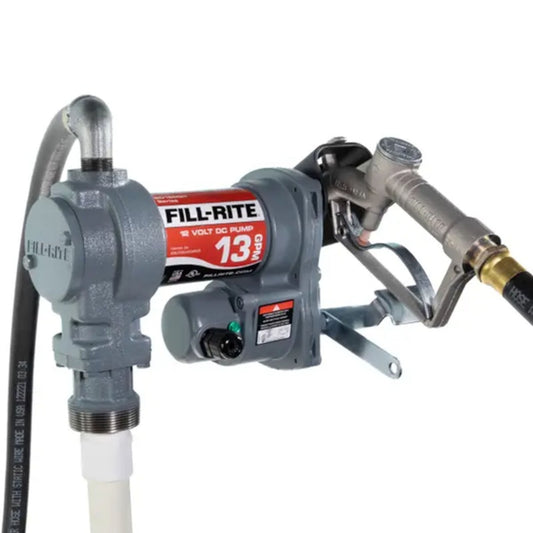 Fill-Rite SD1202H 12V DC 13 GPM fuel transfer pump assembled with hose and automatic nozzle: rotary vane design for gasoline, diesel, and biodiesel up to B20.