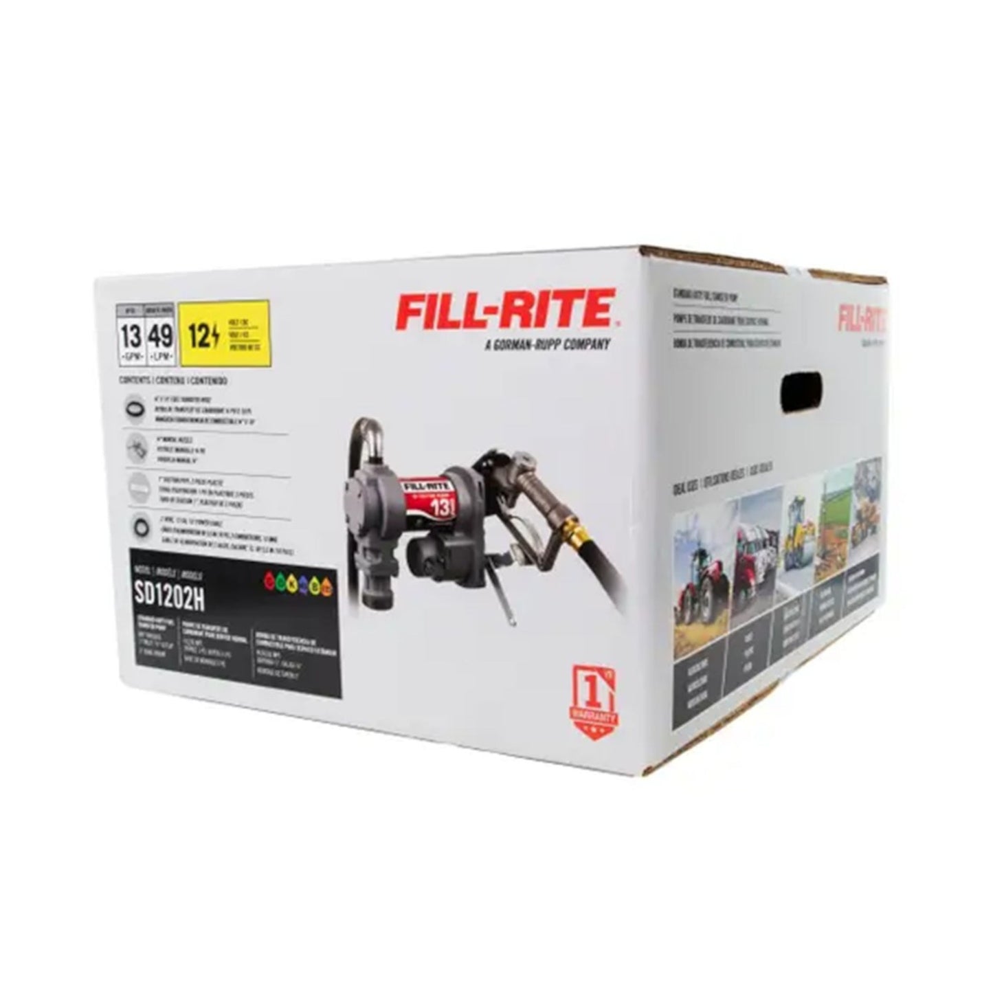 Fill-Rite SD1202H 12V DC 13 GPM fuel transfer pump packaging box: includes nozzle, hose, and kit for gasoline/diesel auxiliary tanks, with 1-year warranty.