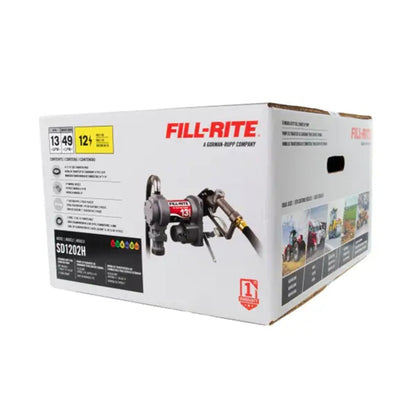 Fill-Rite SD1202H 12V DC 13 GPM fuel transfer pump packaging box: includes nozzle, hose, and kit for gasoline/diesel auxiliary tanks, with 1-year warranty.