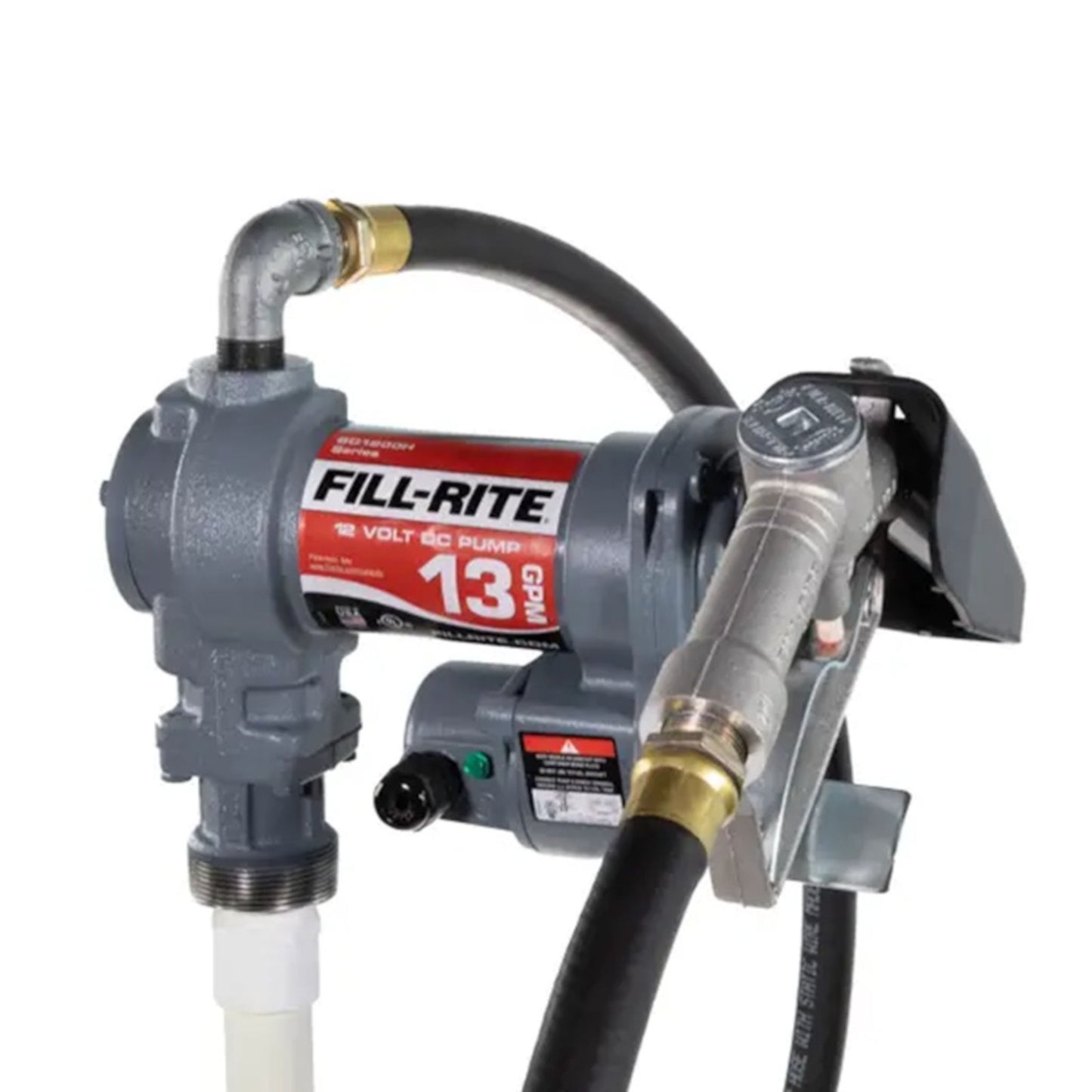 Side view of Fill-Rite SD1202H 13 GPM 12V fuel pump with elbow fitting, hose, and switch: thermally-protected motor and mesh strainer for reliable transfer.
