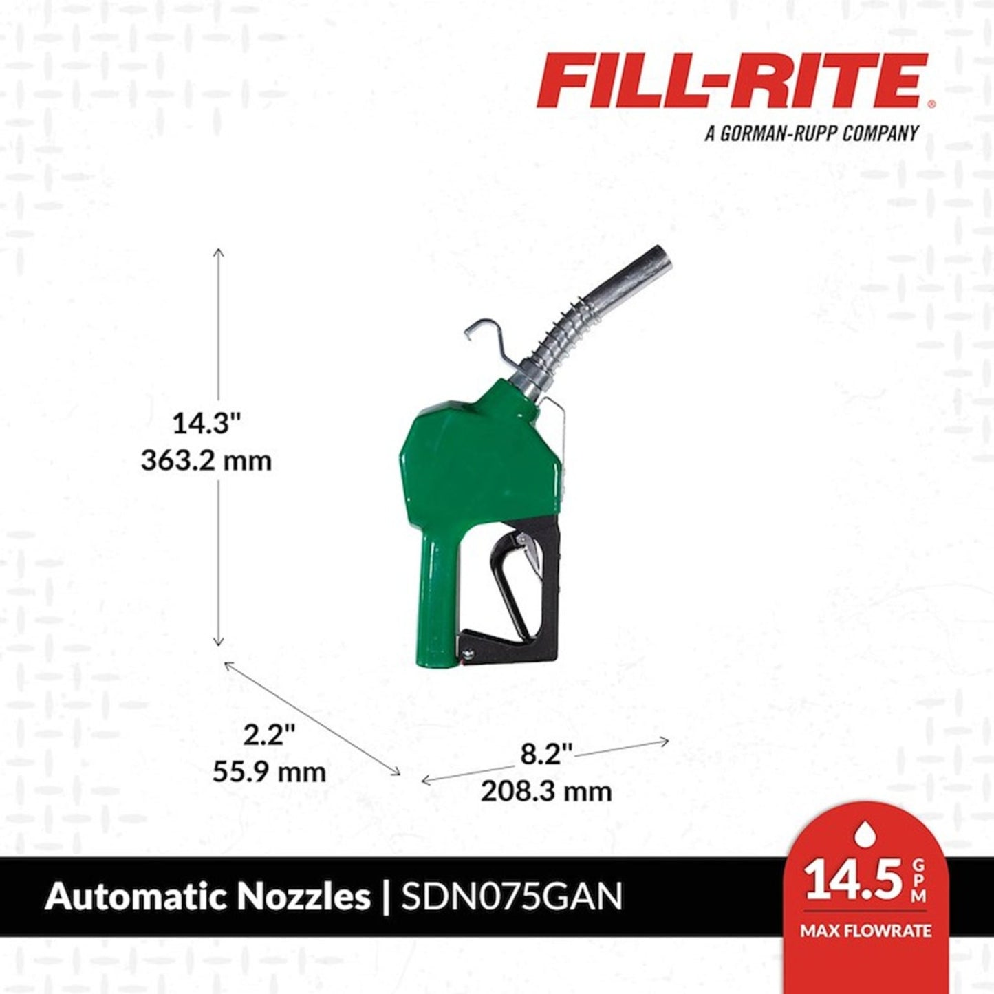 Fill-Rite SDN075GAN 3/4" automatic nozzle dimensions: height 14.3 inches (363.2 mm), width 8.2 inches (208.3 mm), depth 2.2 inches (55.9 mm); max flow 15 GPM