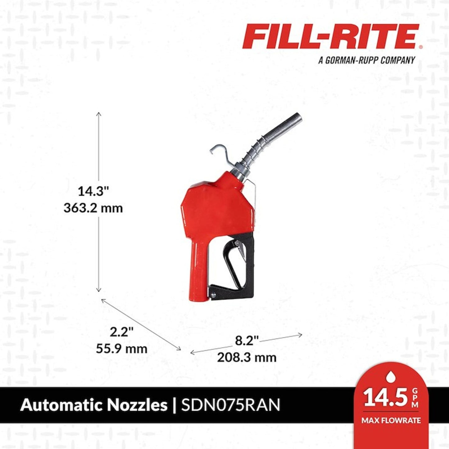 Fill-Rite SDN075RAN 3/4" red automatic shut-off nozzle dimensions: height 14.3 inches (363.2 mm), width 8.2 inches (208.3 mm), depth 2.2 inches (55.9 mm); max flow 15 GPM