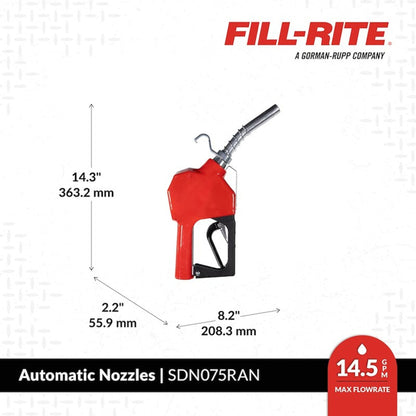 Fill-Rite SDN075RAN 3/4" red automatic shut-off nozzle dimensions: height 14.3 inches (363.2 mm), width 8.2 inches (208.3 mm), depth 2.2 inches (55.9 mm); max flow 15 GPM