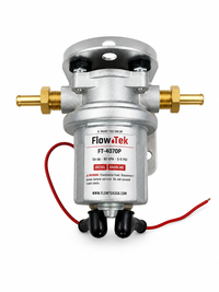 Front view of the FlowTek FT-4070P 12V electric fuel pump with dual brass hose fittings and mounting bracket.