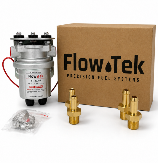 FlowTek FT-4070P 12V electric fuel pump kit with mounting hardware, brass fittings, hose clamps, and FlowTek packaging.