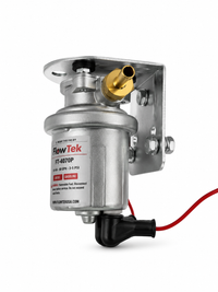 Left side view of the FlowTek FT-4070P electric fuel pump with mounting bracket and electrical wiring.