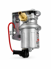 Right side view of the FlowTek FT-4070P electric fuel pump showing the mounting bracket and brass inlet fitting.