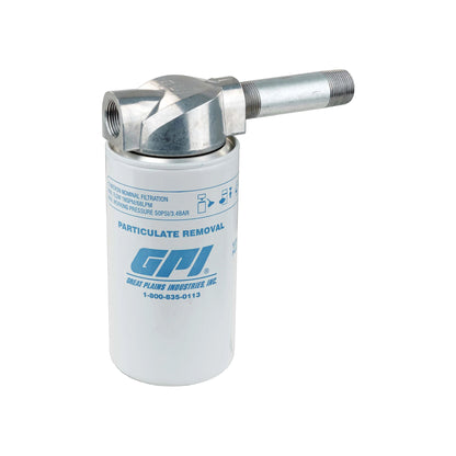GPI 10 micron particulate fuel filter SKU 129500-06 installed on 3/4 inch NPT aluminum adapter