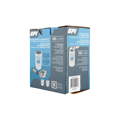 GPI 10 micron fuel filter kit SKU 129500-06 retail packaging box with 3/4 inch NPT adapter