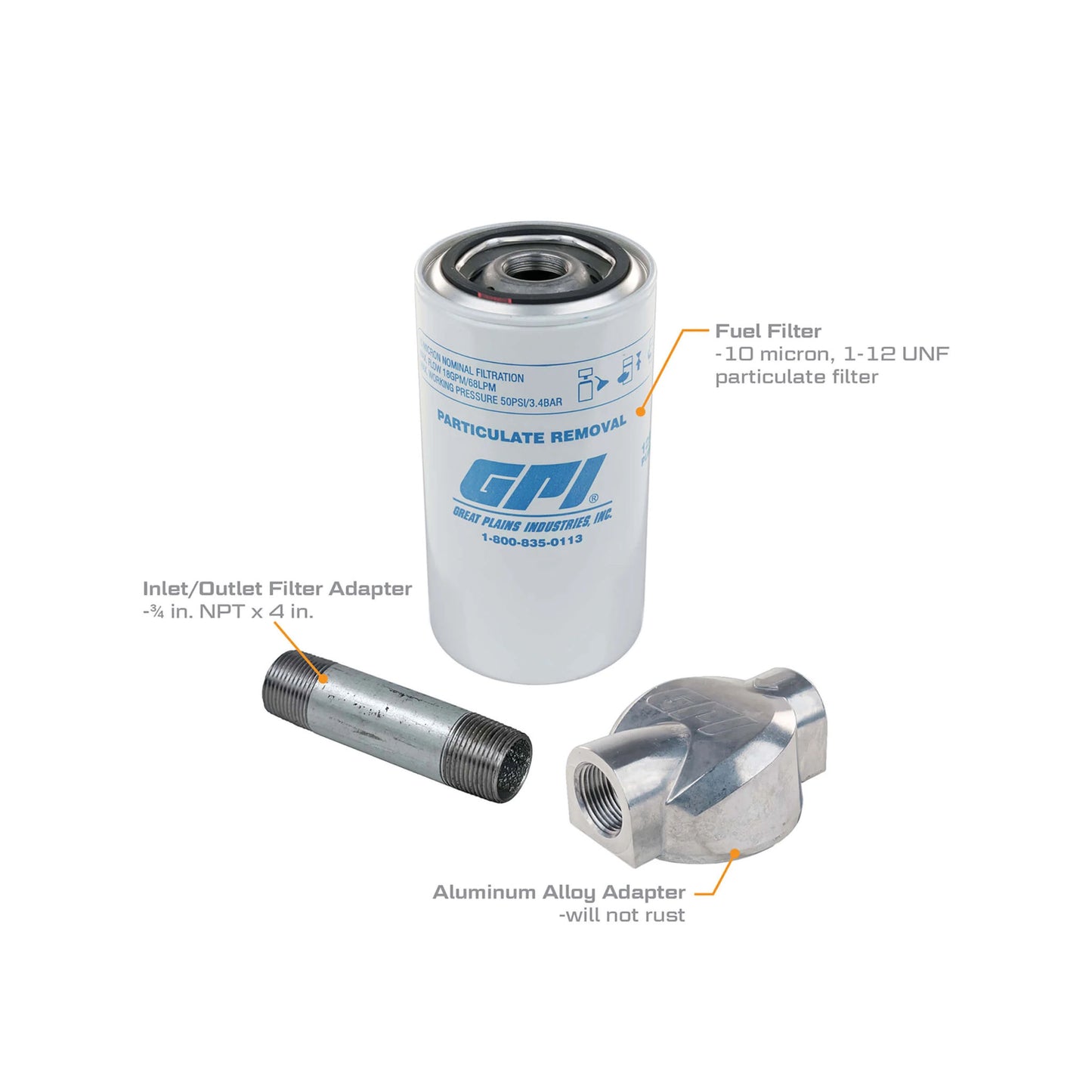 GPI 10 micron particulate fuel filter kit SKU 129500-06 components including filter, 3/4 inch NPT inlet/outlet adapter, and aluminum alloy adapter