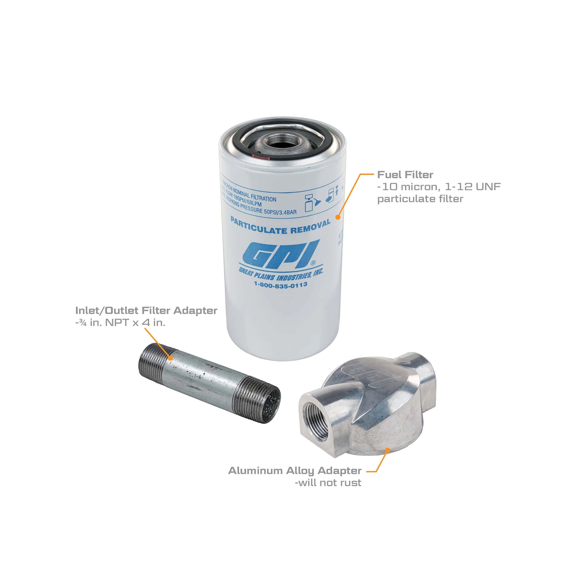 GPI 10 micron particulate fuel filter kit SKU 129500-06 components including filter, 3/4 inch NPT inlet/outlet adapter, and aluminum alloy adapter