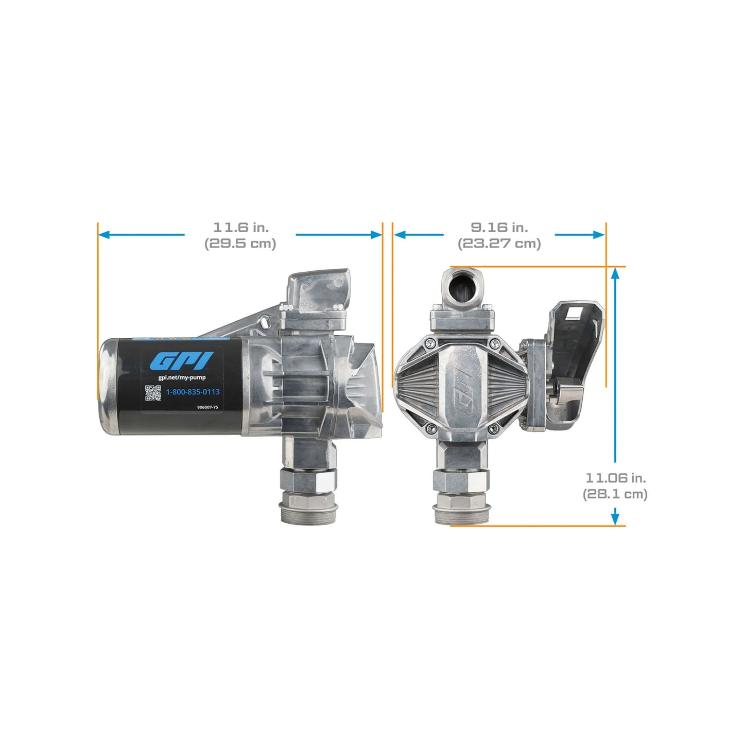 GPI G20 12V 20 GPM fuel transfer pump SKU 162000-03 with labeled dimensions including 11.16 in length and 11.06 in height
