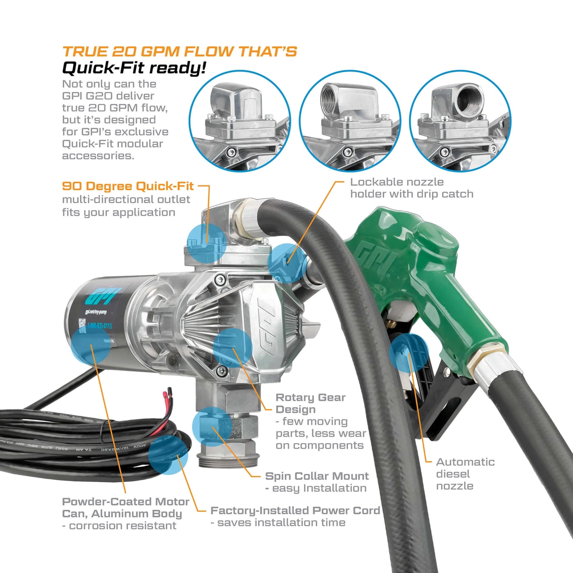 GPI G20 12V fuel transfer pump SKU 162000-03 features including rotary gear design, Quick-Fit modular, and lockable nozzle holder