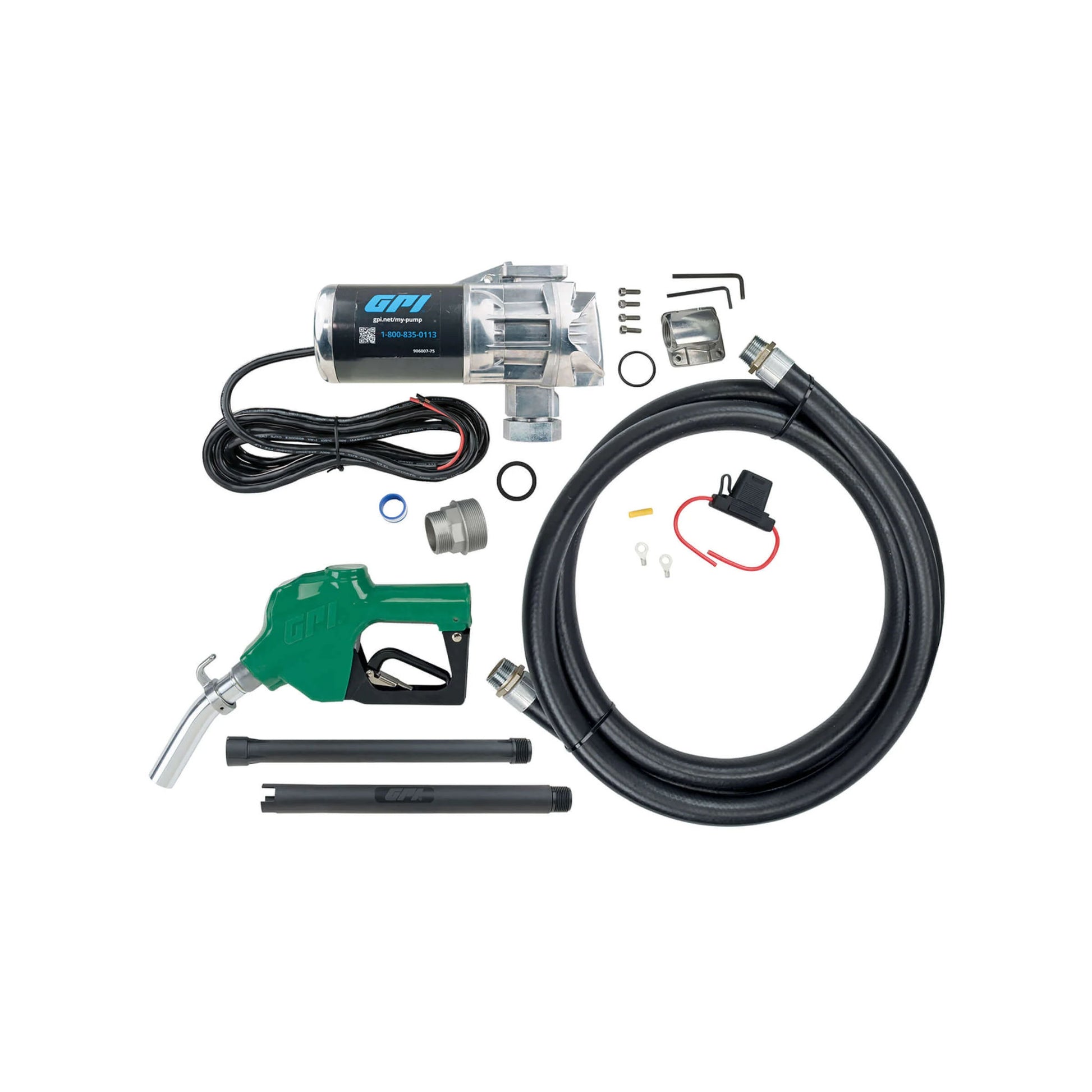 GPI G20 12V 20 GPM fuel transfer pump SKU 162000-03 complete kit with automatic diesel nozzle, hose, and accessories