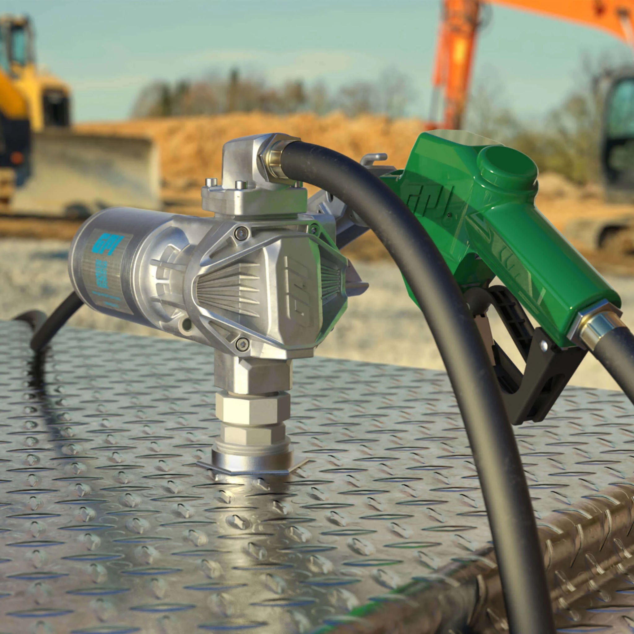 GPI G20 12V 20 GPM fuel transfer pump SKU 162000-03 with automatic diesel nozzle in use on construction site