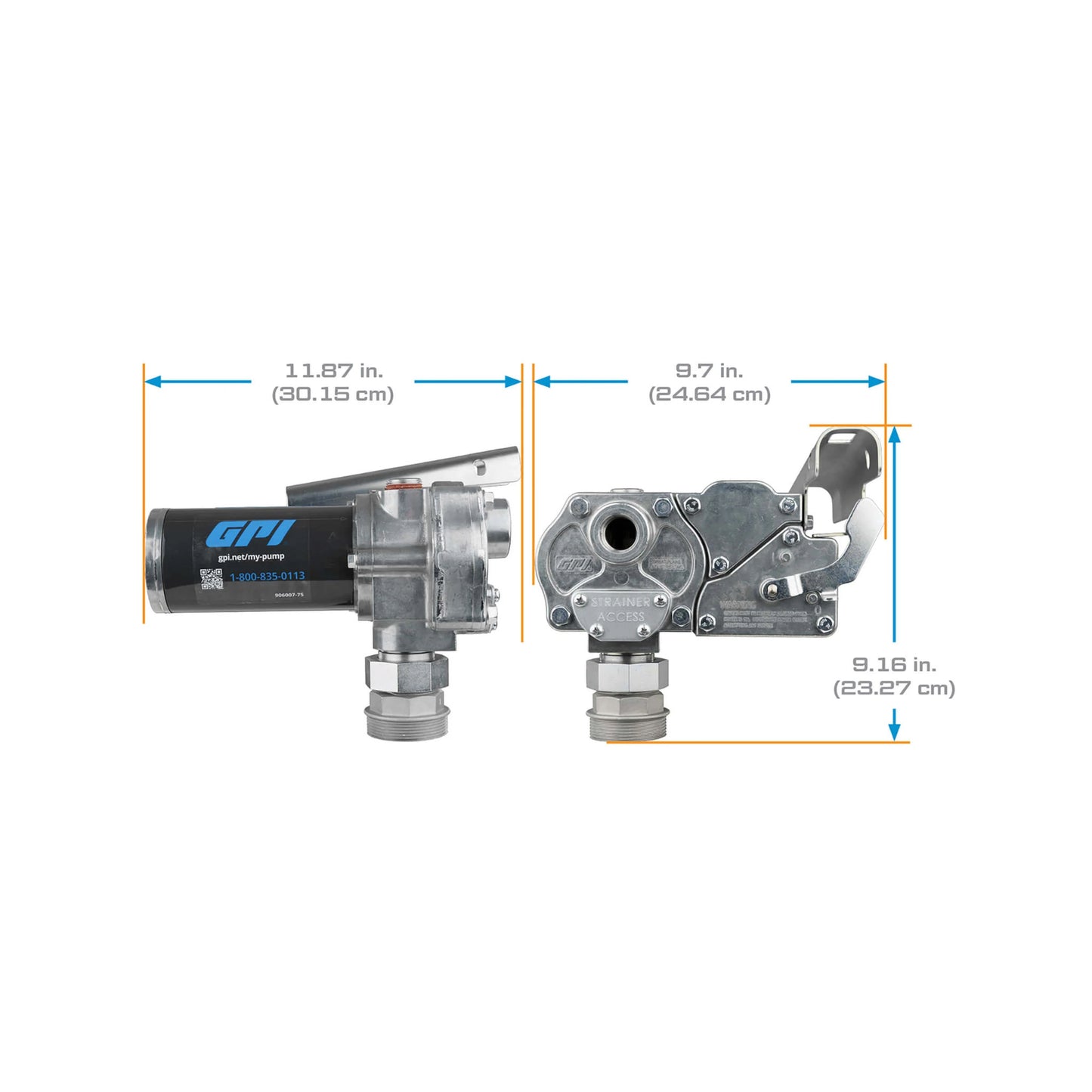 GPI M-150S-AU 12V 15 GPM fuel transfer pump SKU M-150S-AU with labeled dimensions including 11.87 in length
