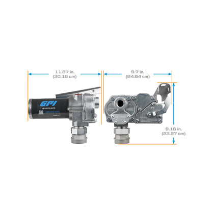 GPI M-150S-AU 12V 15 GPM fuel transfer pump SKU M-150S-AU with labeled dimensions including 11.87 in length