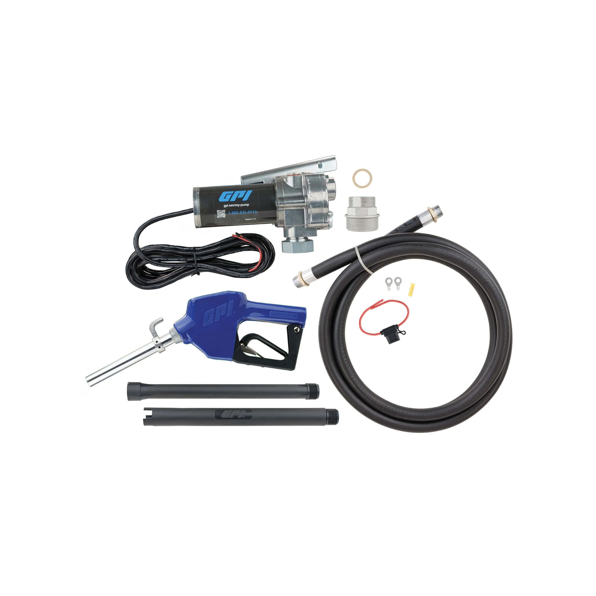 GPI M-150S-AU 12V 15 GPM fuel transfer pump SKU M-150S-AU complete kit with automatic nozzle, hose, and accessories