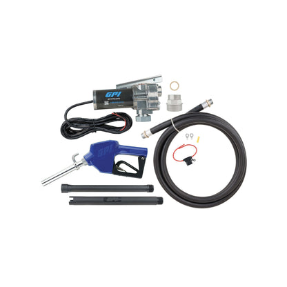 GPI M-150S-AU 12V 15 GPM fuel transfer pump SKU M-150S-AU complete kit with automatic nozzle, hose, and accessories