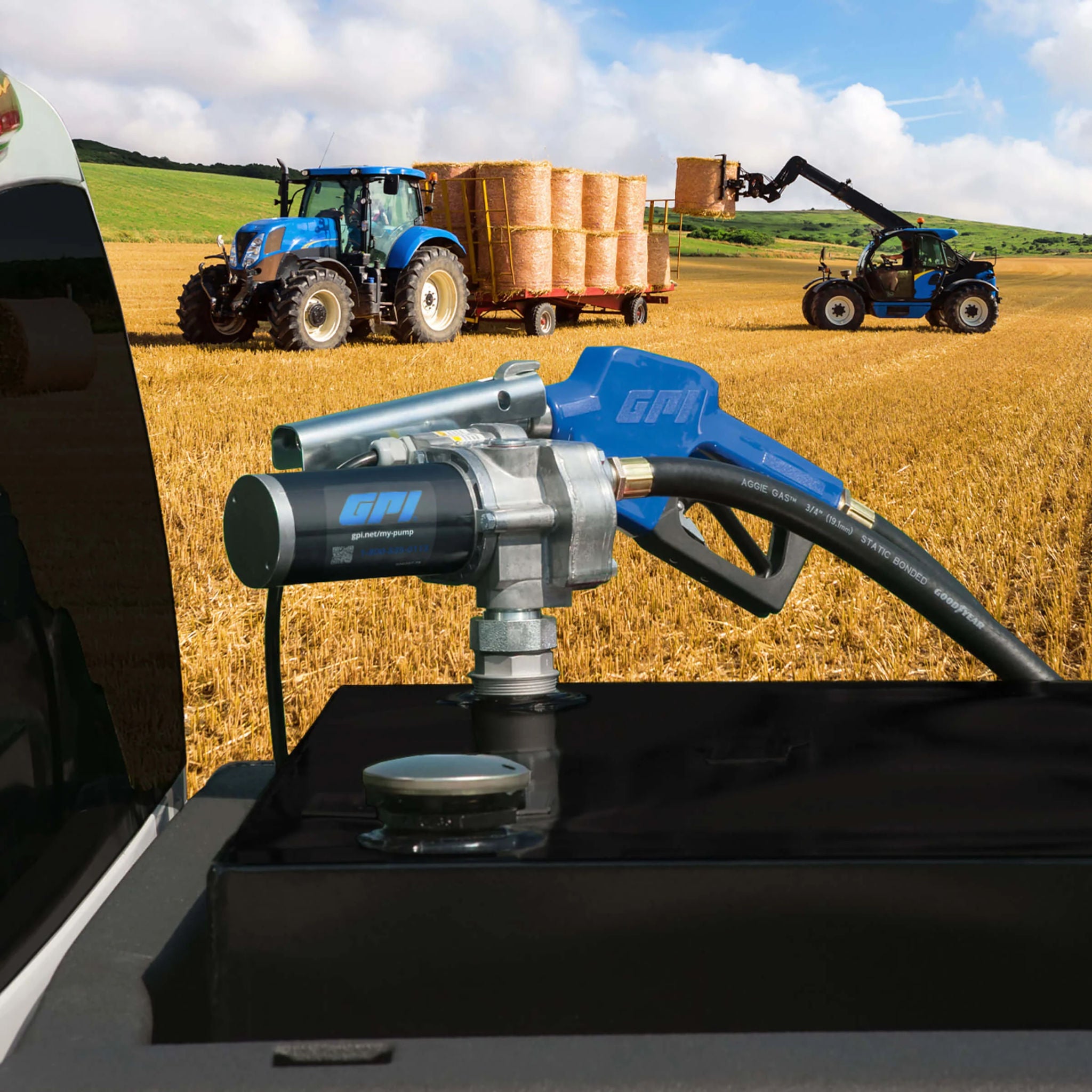 GPI M-150S-AU 12V fuel transfer pump SKU M-150S-AU with automatic nozzle in use on agricultural farm