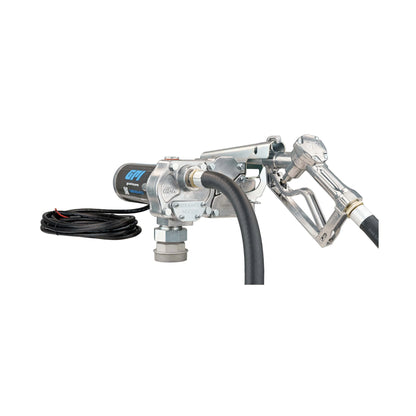 GPI M-150S-MU 12V 15 GPM fuel transfer pump SKU M150S-MU assembled with manual unleaded nozzle and hose