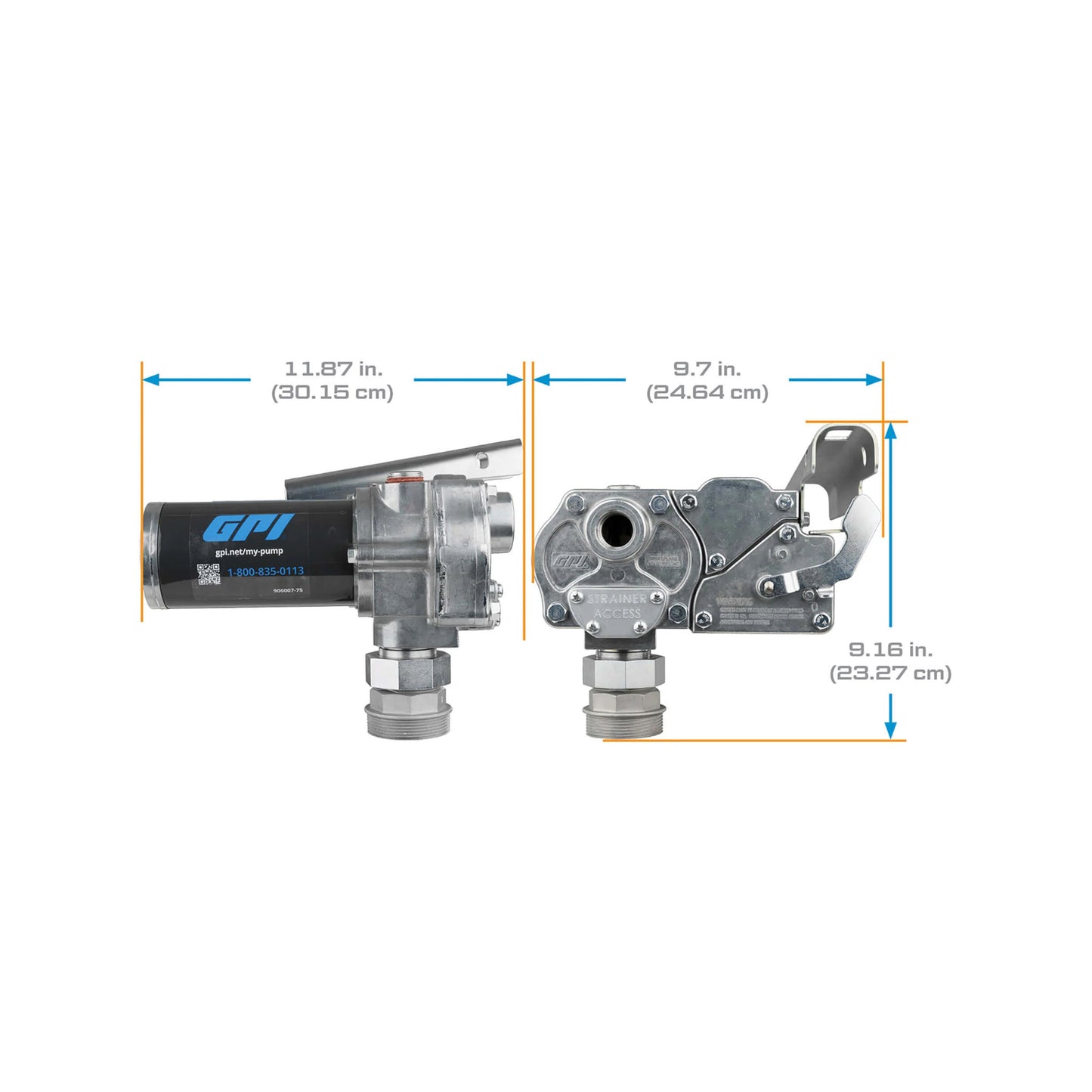 GPI M-150S-MU 12V 15 GPM fuel transfer pump SKU M150S-MU with labeled dimensions including 11.87 in length and 9.16 in height