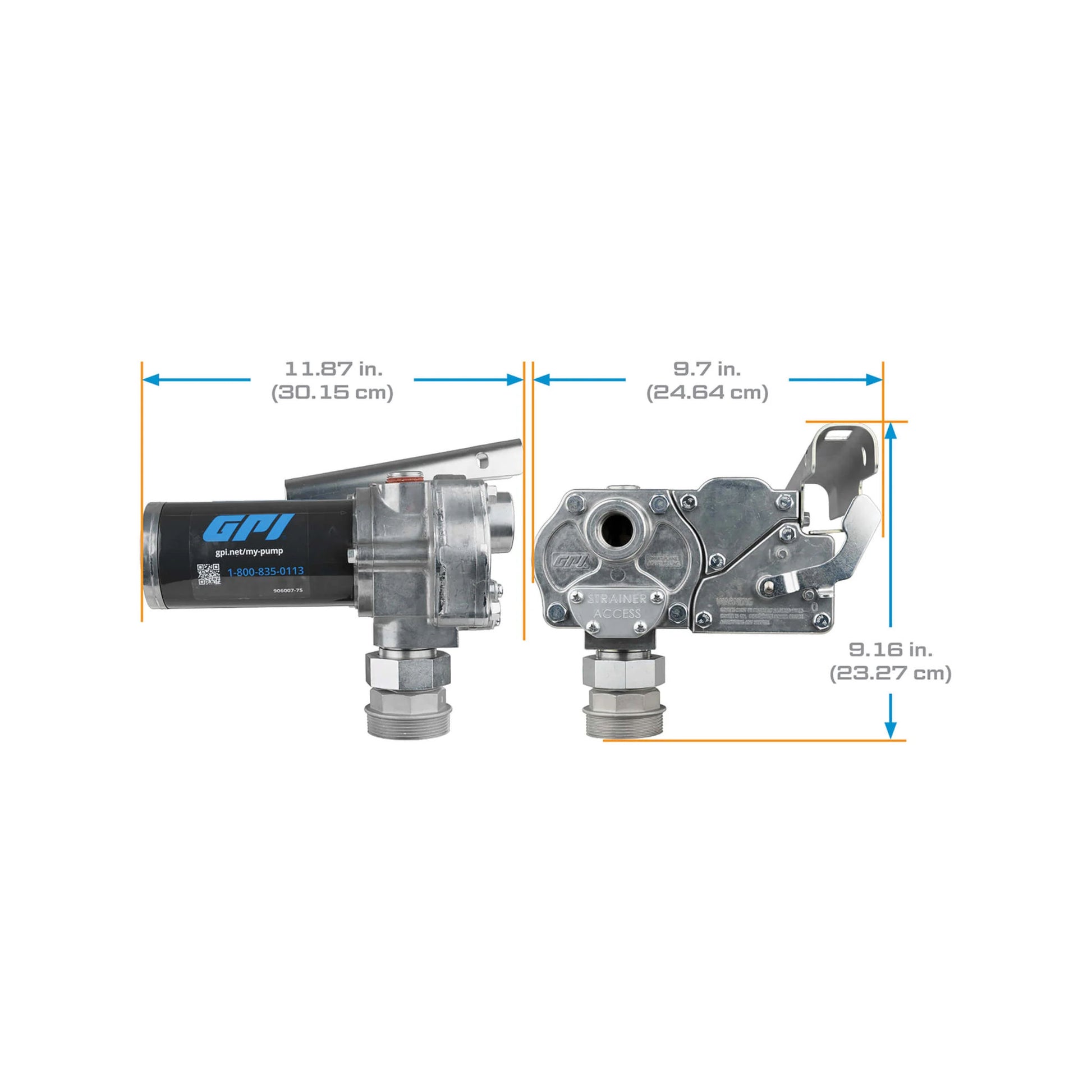 GPI M-150S-MU 12V 15 GPM fuel transfer pump SKU M150S-MU with labeled dimensions including 11.87 in length and 9.16 in height