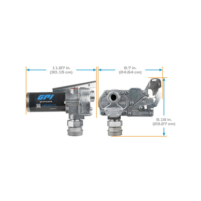 GPI M-150S-MU 12V 15 GPM fuel transfer pump SKU M150S-MU with labeled dimensions including 11.87 in length and 9.16 in height