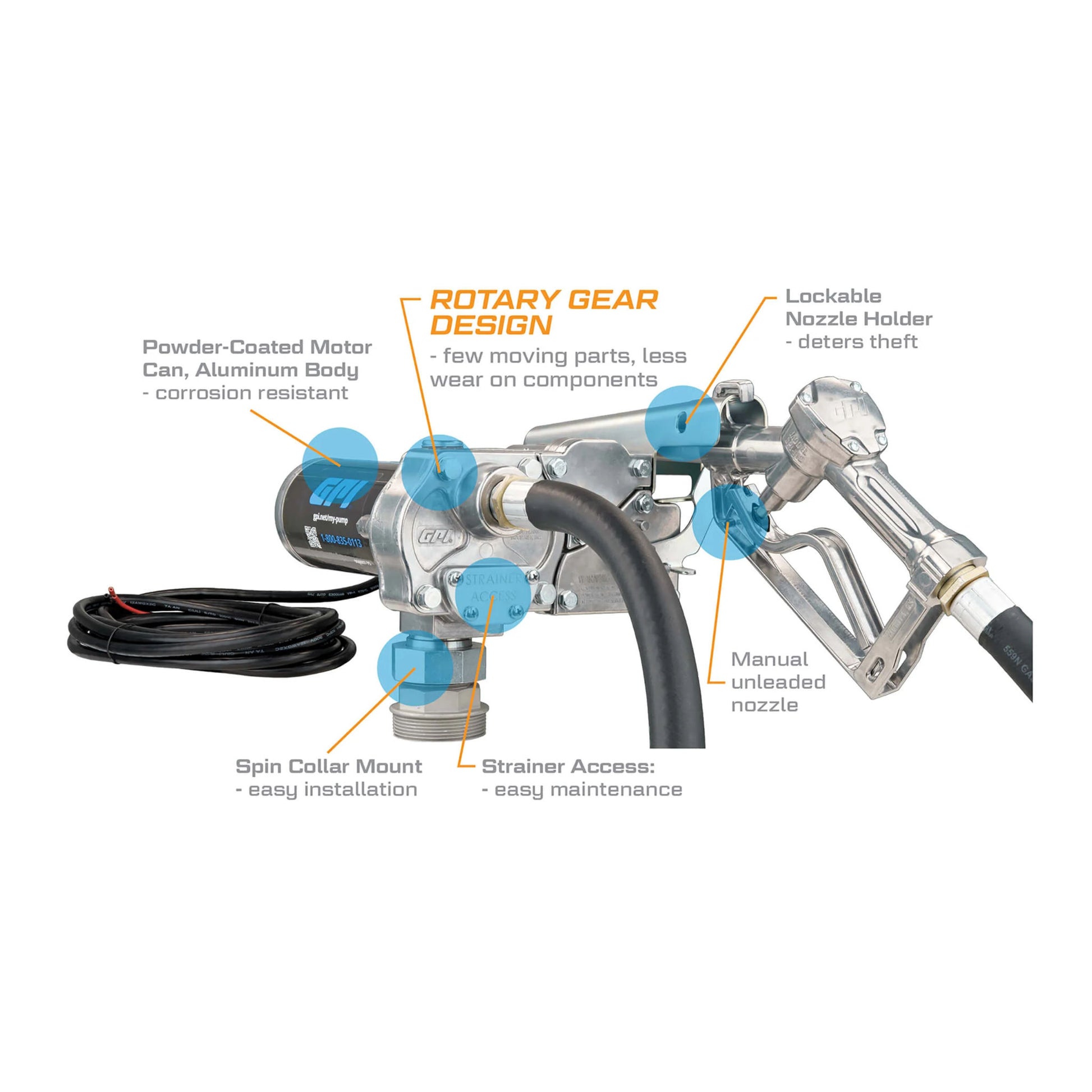 GPI M-150S-MU 12V fuel transfer pump SKU M150S-MU feature diagram showing rotary gear, lockable nozzle holder, and strainer access
