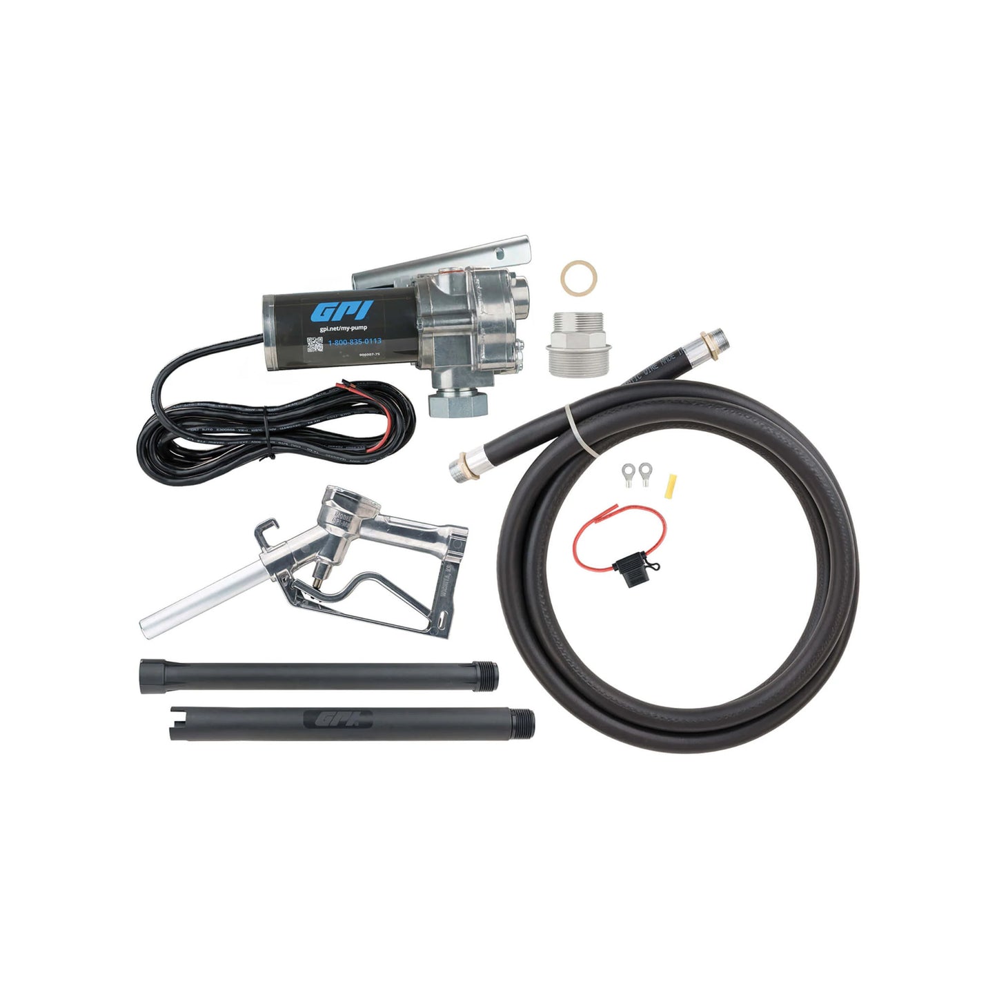 GPI M-150S-MU 12V 15 GPM fuel transfer pump SKU M150S-MU complete kit with manual nozzle, hose, and accessories on white background