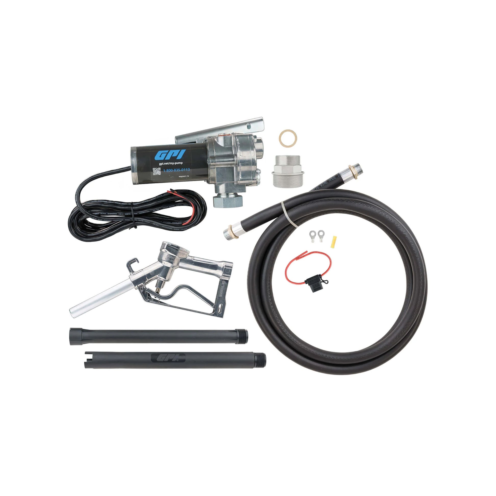 GPI M-150S-MU 12V 15 GPM fuel transfer pump SKU M150S-MU complete kit with manual nozzle, hose, and accessories on white background