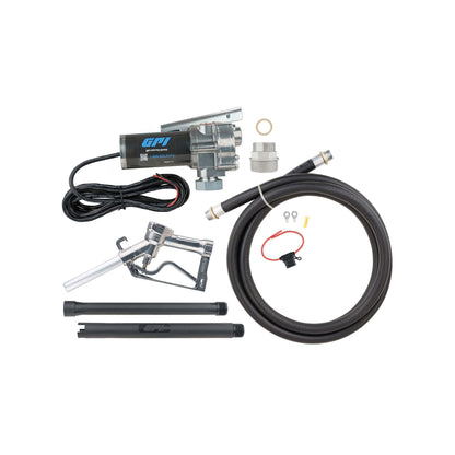 GPI M-150S-MU 12V 15 GPM fuel transfer pump SKU M150S-MU complete kit with manual nozzle, hose, and accessories on white background